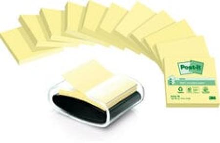Post-it® Recycling Z-Notes, Gelb, 76 mm x 76 mm, Promotion, 100 Blatt/Block, 12 Blöcke/Packung + Gratis Dispenser, 100% PEFC Recycled SGSCH-PEFC-COC-110078