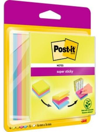Post-it® Super Sticky Easy Select-Würfel, Verschiedene Farben, 76 mm x 76 mm, 75 Blatt/Block, 4 Blöcke/Packung, 100% PEFC SGSCH-PEFC-COC-110078