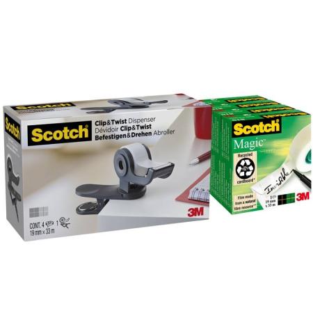 Scotch™ Clip & Twist Klebeband-Abroller C19, Grau + Scotch® Magic™ Unsichtbares Klebeband, 19 mm × 33 m, 4 Rollen/Packung