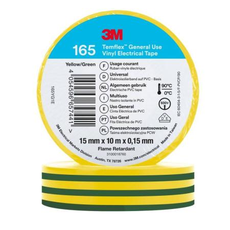 3M™ Temflex™ Vinyl-Isolierband 165, Grün/Gelb, 15 mm x 10 m