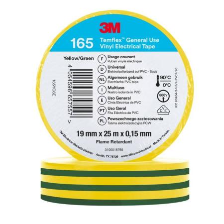 3M™ Temflex™ Vinyl-Isolierband 165, Grün/Gelb, 19 mm x 25 m