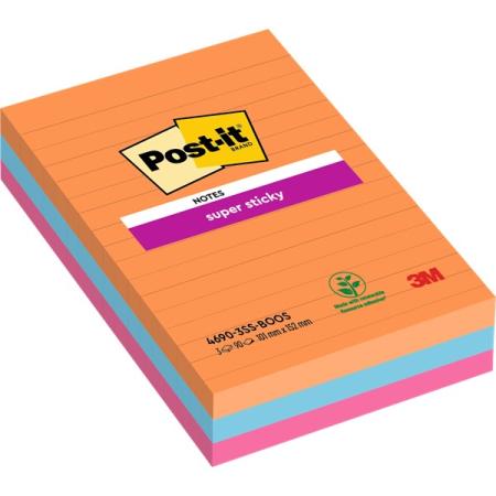 Post-it® Super Sticky Notes im Großformat, Boost Collection, Liniert, 101 mm x 152 mm, 90 Blatt/Block, 3 Blöcke/Packung, 100% PEFC SGSCH-PEFC-COC-110078