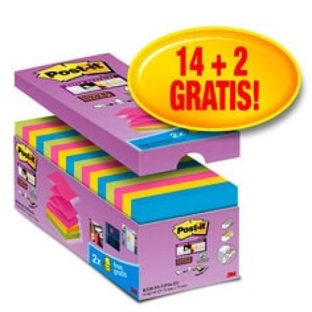 Post-it® Super Sticky Z-Notes, Verschiedene Farben, 76 mm x 76 mm, Promotion, 90 Blatt/Block, 14 Blöcke + 2 Gratis/Packung, 100% PEFC SGSCH-PEFC-COC-110078