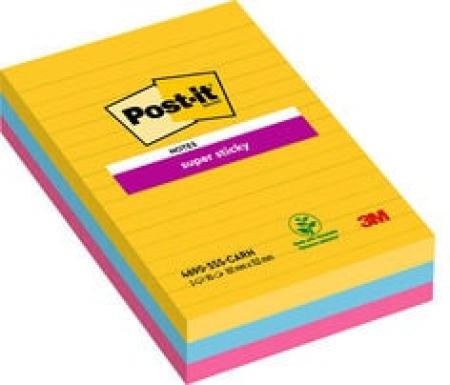 Post-it® Super Sticky Notes im Großformat, Carnival Collection, Liniert, 101 mm x 152 mm, 90 Blatt/Block, 3 Blöcke/Packung, 100% PEFC SGSCH-PEFC-COC-110078