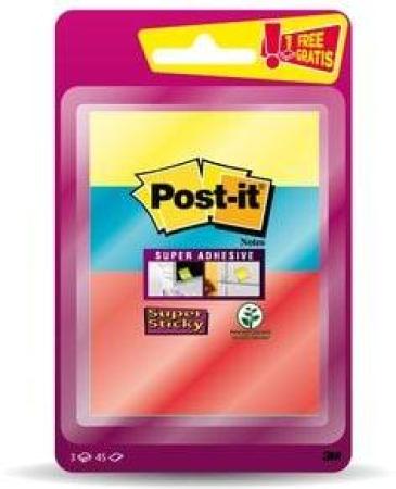 Post-it® Super Sticky Notes Promotion 3432BYPP, 3 Blöcke à 45 Blatt zum Vorteilspreis, mohnrot 48 x 76 mm, ultrablau 76 x 76 mm, ultragelb 76 x 101 mm, PEFC zertifiziert