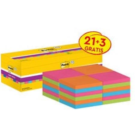 Post-it® Super Sticky Notes, Verschiedene Farben, 76 mm x 76 mm, Promotion, 90 Blatt/Block, 21 Blöcke + 3 Gratis/Packung, 100% PEFC SGSCH-PEFC-COC-110078