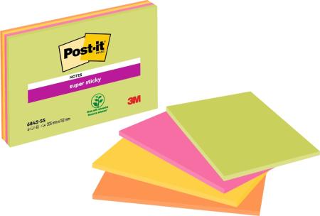 Post-it® Super Sticky Meeting Notes, Verschiedene Neonfarben, 203 mm x 152 mm, 45 Blatt/Block, 4 Blöcke/Packung, 100% PEFC, SGSCH-PEFC-COC-110078