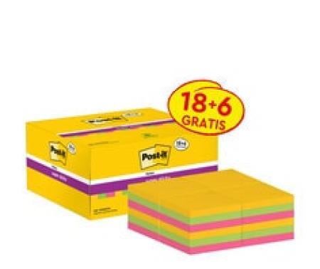Post-it® Super Sticky Notes, Verschiedene Farben, 47.6 mm x 47.6 mm, Promotion, 90 Blatt/Block, 18 Blöcke + 6 Gratis/Packung, 100% PEFC SGSCH-PEFC-COC-110078