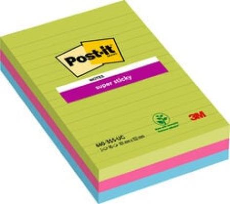 Post-it® Super Sticky Notes im Großformat, Verschiedene Farben, Liniert, 101 mm x 152 mm, 90 Blatt/Block, 3 Blöcke/Packung, 100% PEFC SGSCH-PEFC-COC-110078