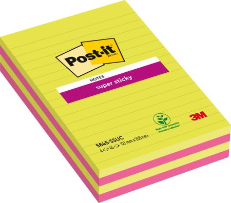 Post-it® Super Sticky Notes im Großformat, Verschiedene Farben, Liniert, 127 mm x 203 mm, 45 Blatt/Block, 4 Blöcke/Packung, 100% PEFC, SGSCH-PEFC-COC-110078