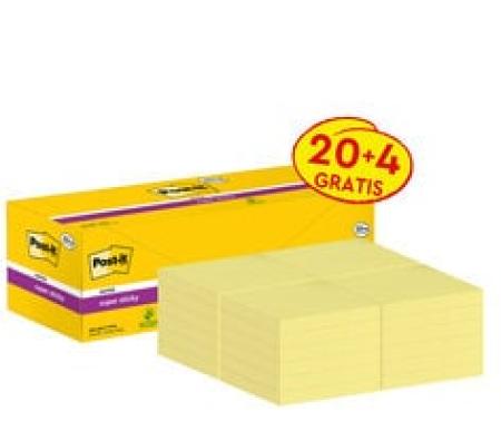 Post-it® Super Sticky Notes, Gelb, 76 mm x 76 mm, Promotion, 90 Blatt/Block, 20 Blöcke + 4 Gratis/Packung, Kartonverpackung, 100% PEFC SGSCH-PEFC-COC-110078