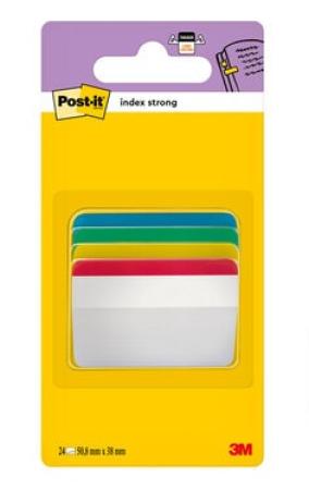 Post-it® Index Strong Ablagetabs, Groß, Rot, Gelb, Blau und Grün, Gebogen, 50.8 mm x 38.1 mm, 24 Haftstreifen/Spender, 1 Spender/Packung