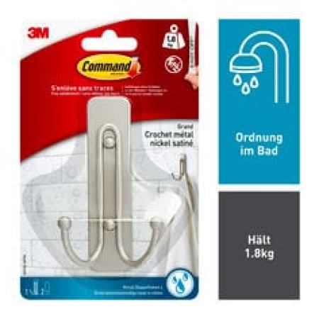 Command™ Großer Badezimmer-Doppelhaken Nickel satiniert Badezimmer 36FGN, 1 Haken, 2 große Strips