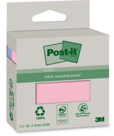 Post-it® Recycling Notes, Blau und Pink, 76 mm x 76 mm, 100 Blatt/Block, 2 Blöcke/Packung, 100% PEFC Recycled SGSCH-PEFC-COC-110078