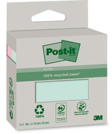 Post-it® Recycling Notes, Rosa und Grün, 76 mm x 76 mm, 100 Blatt/Block, 2 Blöcke/Packung, 100% PEFC Recycled SGSCH-PEFC-COC-110078