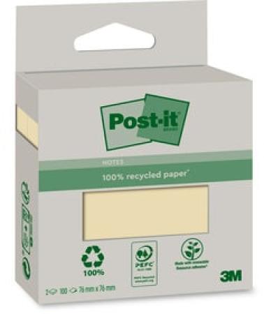 Post-it® Recycling Notes, Gelb, 76 mm x 76 mm, 100 Blatt/Block, 2 Blöcke/Packung, 100% PEFC Recycled SGSCH-PEFC-COC-110078