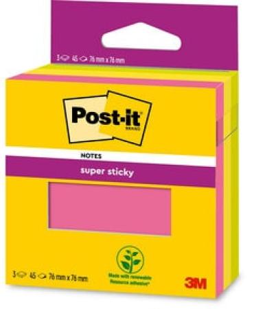 Post-it® Super Sticky Notes, Verschiedene Farben, 76 mm x 76 mm, 45 Blatt/Block, 3 Blöcke/Packung, 100% PEFC SGSCH-PEFC-COC-110078