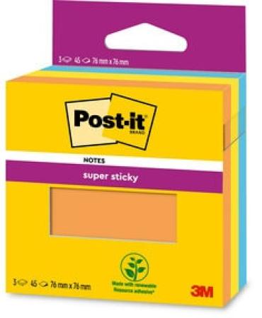 Post-it® Super Sticky Notes, Orange, Blau und Gelb, 76 mm x 76 mm, 45 Blatt/Block, 3 Blöcke/Packung, 100% PEFC SGSCH-PEFC-COC-110078