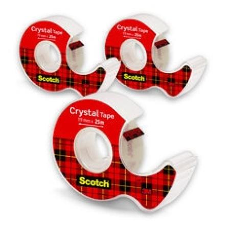 Scotch® Crystal Transparentes Klebeband, 19 mm × 25 m, 3 Handabroller mit Rollen/Packung