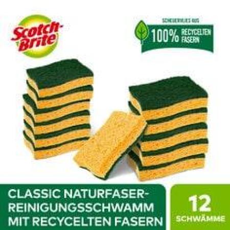 Scotch-Brite® Classic Naturfaser-Reinigungsschwamm mit recyceltem grünem Vlies, 12 Stück - stark saugfähig für eine schnelle und effektive Reinigung