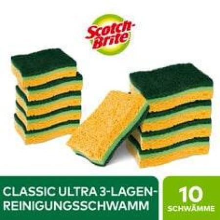 Scotch-Brite® Classic Ultra Reinigungsschwamm, 10 Stück - strapazierfähiger und flexibler Scheuerschwamm, der leicht Fett und eingebrannte Speisen entfernt