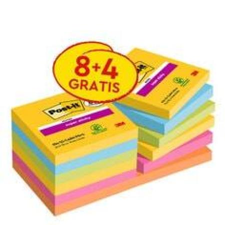 Post-it® Super Sticky Notes Promotion, Carnival Collection, 76 mm x 76 mm, 12 Blöcke à 90 Blatt zum Vorteilspreis