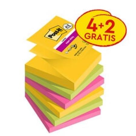 Post-it® Super Sticky Z-Notes, Carnival Collection, 76 mm x 76 mm, Promotion, 90 Blatt/Block, 4 Blöcke + 2 Gratis/Packung, 100% PEFC SGSCH-PEFC-COC-110078