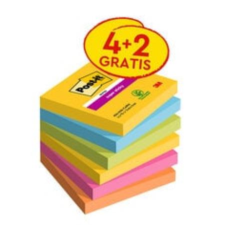 Post-it® Super Sticky Notes, Carnival Collection, 76 mm x 76 mm, Promotion, 90 Blatt/Block, 4 Blöcke + 2 Gratis/Packung, 100% PEFC SGSCH-PEFC-COC-110078