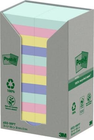Post-it® Recycling Notes, Verschiedene Farben, 38 mm x 51 mm, 100 Blatt/Block, 24 Blöcke/Packung, 100% PEFC Recycled SGSCH-PEFC-COC-110078