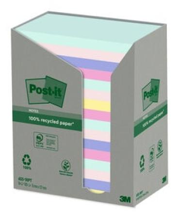 Post-it® Recycling Notes, Verschiedene Farben, 76 mm x 127 mm, 100 Blatt/Block, 16 Blöcke/Packung, 100% PEFC Recycled SGSCH-PEFC-COC-110078