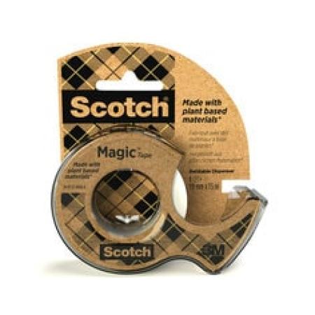 Scotch® Magic™ Klebeband, mit 66 % pflanzlichem Klebstoff hergestellt, 19 mm x 15 m, 1 Rolle + 1 Abroller aus Recyclingmaterial/Packung