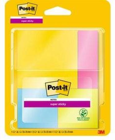 Post-it® Super Sticky Notes, inkl. 1 Page Marker, farbig, verschiedene Größen, 45 Blatt/Block, 4 Blöcke/Packung, 100% PEFC SGSCH-PEFC-COC-110078