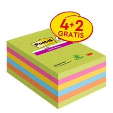 Post-it® Super Sticky Notes im Großformat, Verschiedene Farben, Liniert, 101 mm x 152 mm, Promotion, 90 Blatt/Block, 4 Blöcke + 2 Gratis/Packung, 100% PEFC SGSCH-PEFC-COC-110078