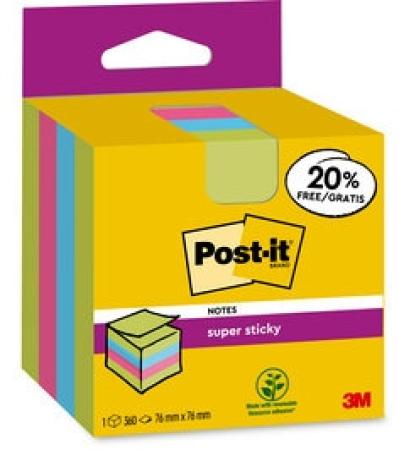 Post-it® Super Sticky Notes Würfel, Verschiedene Farben, 76 mm x 76 mm, 360 Blatt/Block, 1 Block/Packung, 100% PEFC SGSCH-PEFC-COC-110078