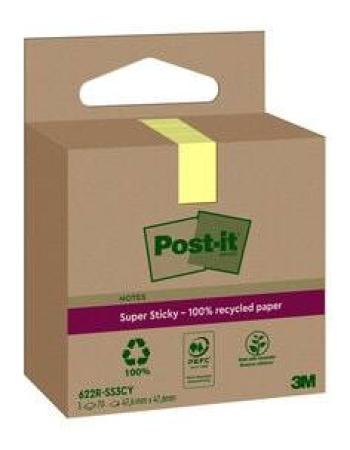 Post-It® Super Sticky 100 % Recycling Notes, Canary Yellow, 47.6 mm x 47.6 mm, 70 Blatt/Block, 3 Blöcke/Packung