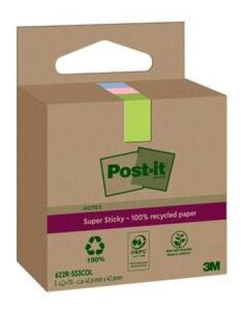 Post-It® Super Sticky 100 % Recycling Notes, Verschiedene Farben, 47.6 mm x 47.6 mm, 70 Blatt/Block, 3 Blöcke/Packung