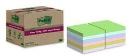 Post-It® Super Sticky 100 % Recycling Notes, Verschiedene Farben, 76 mm x 76 mm, 70 Blatt/Block, 12 Blöcke/Packung