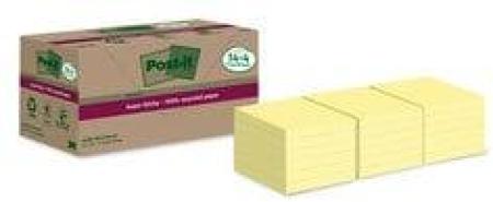 Post-It® Super Sticky 100 % Recycling Notes, Canary Yellow, 76 mm x 76 mm, Promo-Paket, 70 Blatt/Block, 14 Blöcke + 4 Gratis/Pac