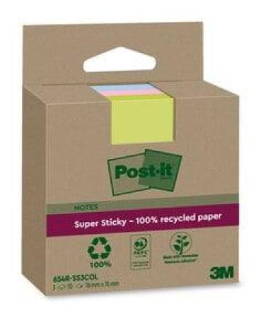 Post-It® Super Sticky 100 % Recycling Notes, Verschiedene Farben, 76 mm x 76 mm, 70 Blatt/Block, 3 Blöcke/Packung