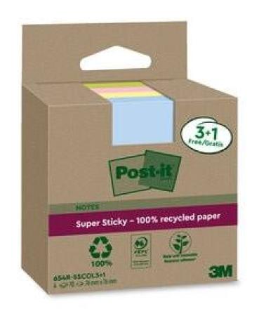 Post-It® Super Sticky 100 % Recycling Notes, Verschiedene Farben, 76 mm x 76 mm, Promo-Paket, 70 Blatt/Block, 3 Blöcke + 1 Grati
