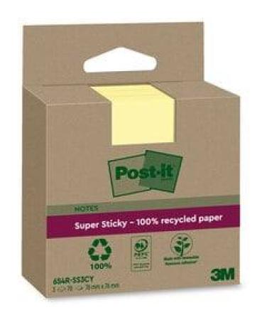 Post-It® Super Sticky 100 % Recycling Notes, Canary Yellow, 76 mm x 76 mm, 70 Blatt/Block, 3 Blöcke/Packung