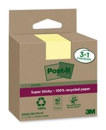 Post-It® Super Sticky 100 % Recycling Notes, Canary Yellow, 76 mm x 76 mm, Promo-Paket, 70 Blatt/Block, 3 Blöcke + 1 Gratis/Pack