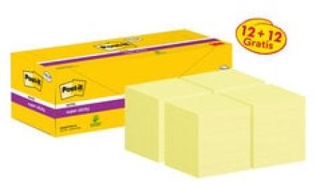 Post-it® Super Sticky Notes, Gelb, 76 mm x 76 mm, Promotion, 90 Blatt/Block, 12 Blöcke + 12 Gratis/Packung, Kartonverpackung, 100% PEFC SGSCH-PEFC-COC-110078