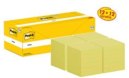Post-it® Notes, Gelb, 76 mm x 76 mm, Promotion, 100 Blatt/Block, 12 Blöcke + 12 Gratis/Packung, Kartonverpackung, 100% PEFC SGSCH-PEFC-COC-110078