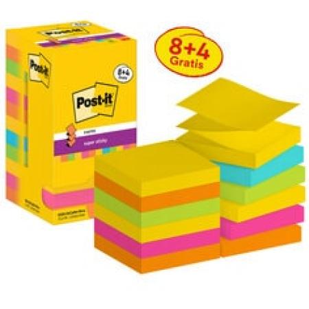 Post-it® Super Sticky Z-Notes, Carnival Collection, 76 mm x 76 mm, Promotion, 90 Blatt/Block, 8 Blöcke + 4 Gratis/Packung, Kartonverpackung, 100% PEFC SGSCH-PEFC-COC-110078