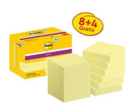 Post-it® Super Sticky Notes, Gelb, 47.6 mm x 47.6 mm, Promotion, 90 Blatt/Block, 8 Blöcke + 4 Gratis/Packung, Kartonverpackung, 100% PEFC SGSCH-PEFC-COC-110078