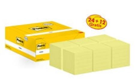 Post-it® Notes, Gelb, 76 mm x 76 mm, Promotion, 100 Blatt/Block, 24 Blöcke + 12 Gratis/Packung, Kartonverpackung, 100% PEFC SGSCH-PEFC-COC-110078