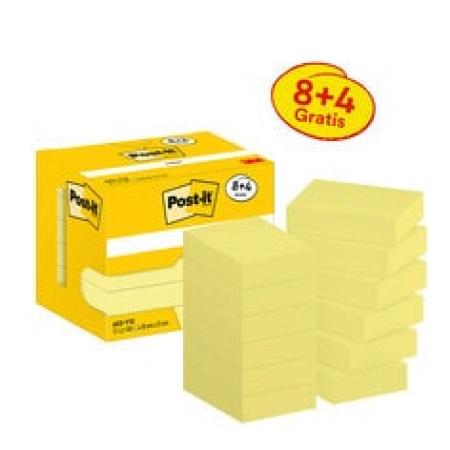 Post-it® Notes, Gelb, 38 mm x 51 mm, Promotion, 100 Blatt/Block, 8 Blöcke + 4 Gratis/Packung, Kartonverpackung, 100% PEFC SGSCH-PEFC-COC-110078