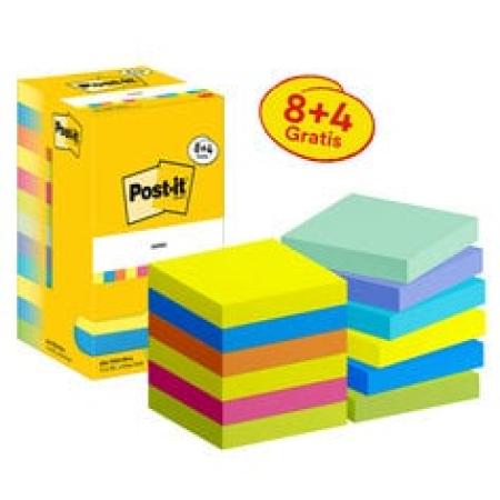 Post-it® Notes, Energetic Collection, 76 mm x 76 mm, Promotion, 90 Blatt/Block, 8 Blöcke + 4 Gratis/Packung, Kartonverpackung, 100% PEFC SGSCH-PEFC-COC-110078