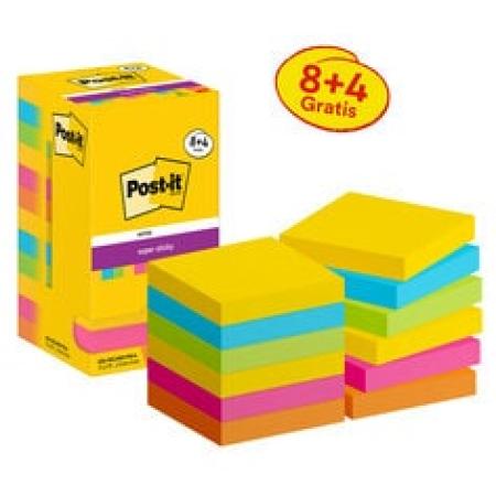 Post-it® Super Sticky Notes, Carnival Collection, 76 mm x 76 mm, Promotion, 90 Blatt/Block, 8 Blöcke + 4 Gratis/Packung, Kartonverpackung, 100% PEFC SGSCH-PEFC-COC-110078
